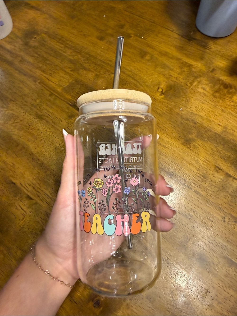 Amazon Clear Glass Teacher Tumbler with Multicolor Lettering and Floral Design